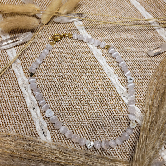 Selenite necklace with gold plated hearts and mother of pearl word heart beads