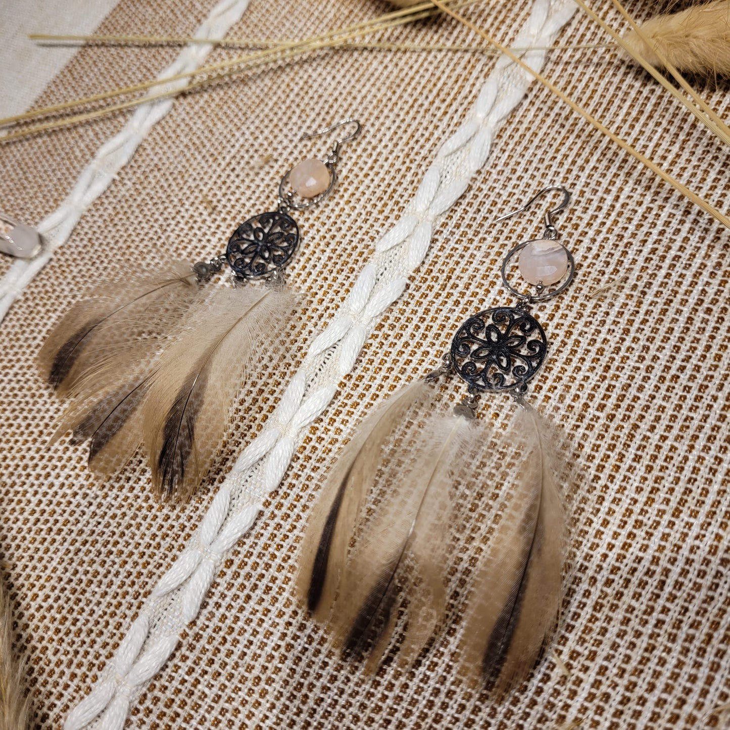 Flower Agate Feather Earrings