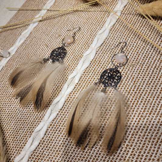 Flower Agate Feather Earrings