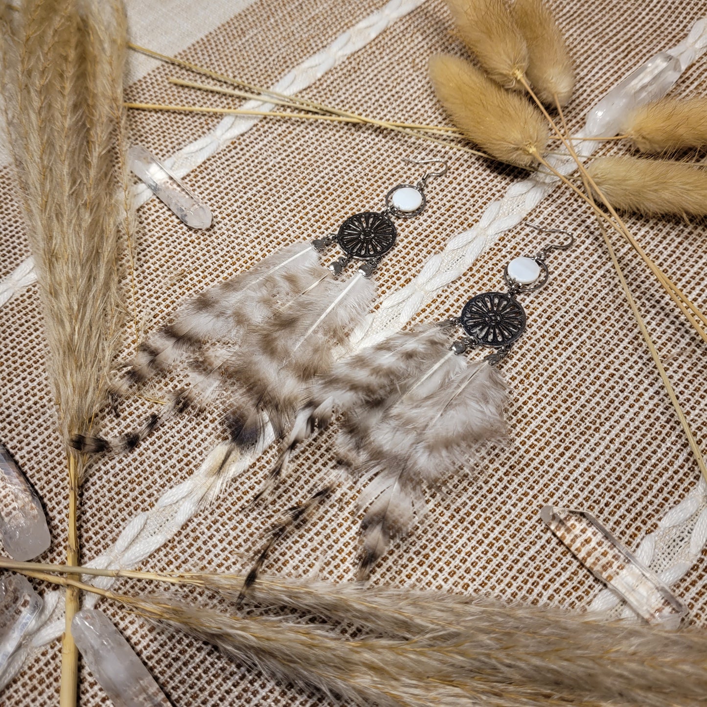 White Mother Of Pearl Feather Earrings