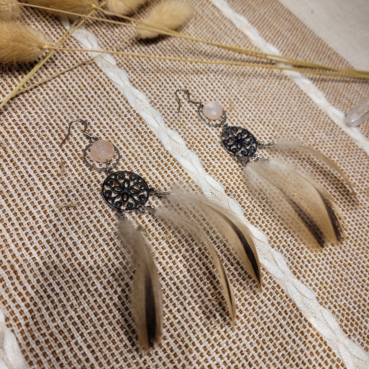 Flower Agate Feather Earrings