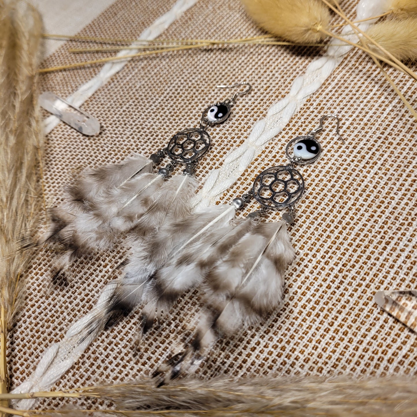 Ying Yang Shell Feather Earrings