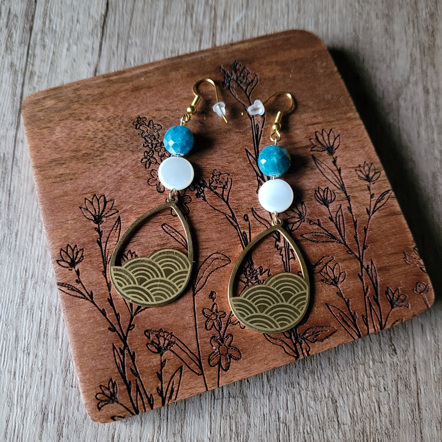 Blue Apatite White Mother of Pearl Earrings
