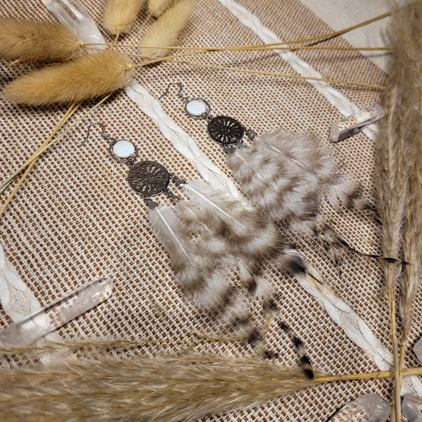 White Mother Of Pearl Feather Earrings