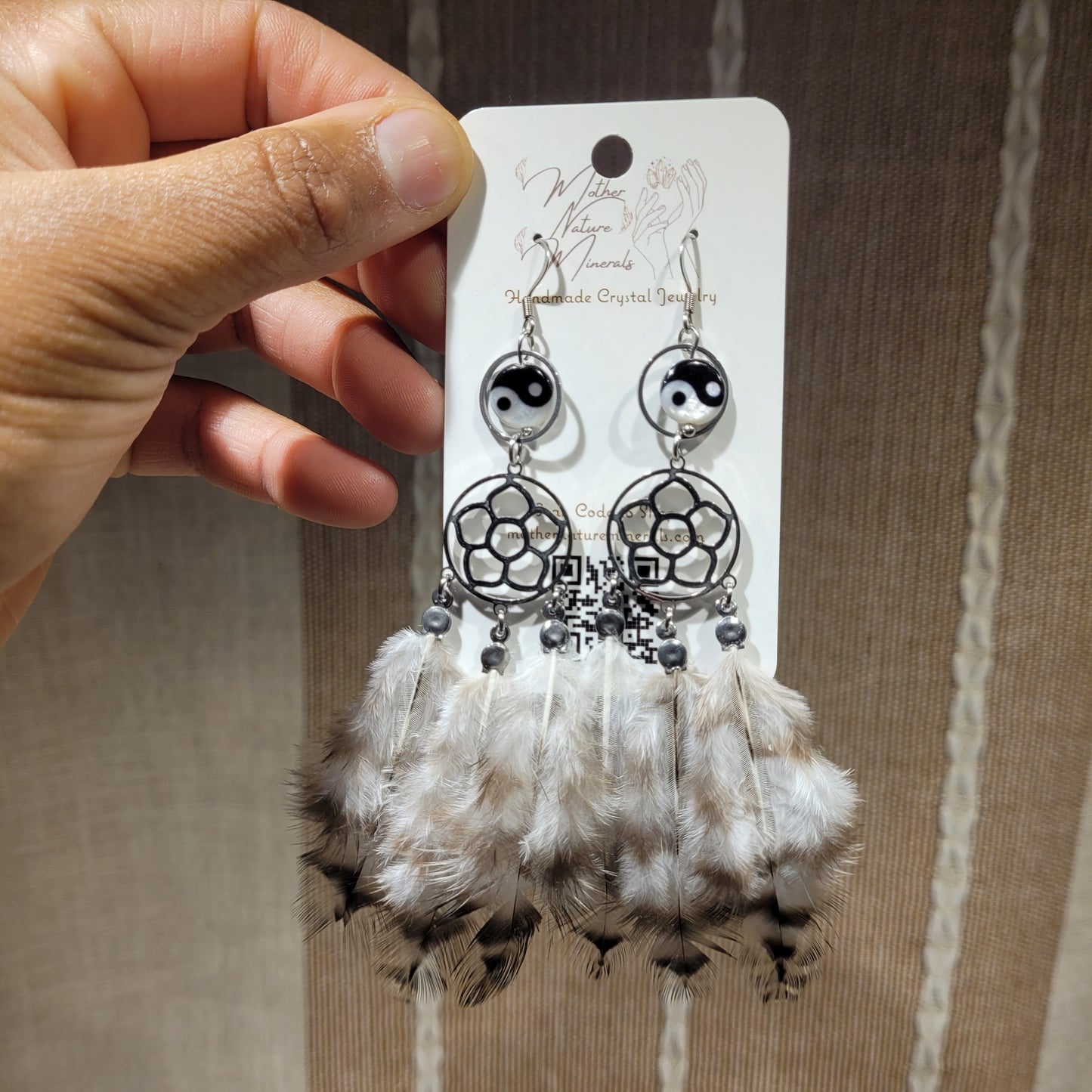 Ying Yang Shell Feather Earrings