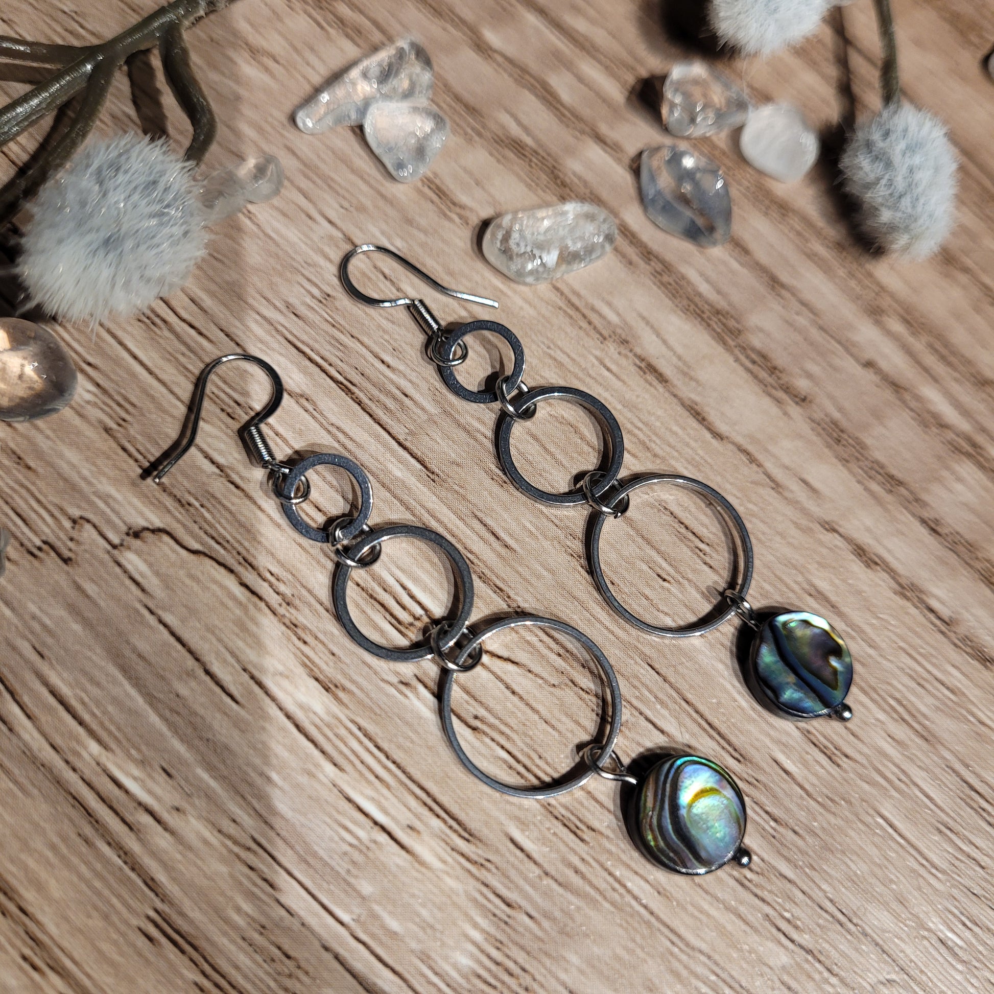 Handmade stainless steel earrings with abalone shell beads