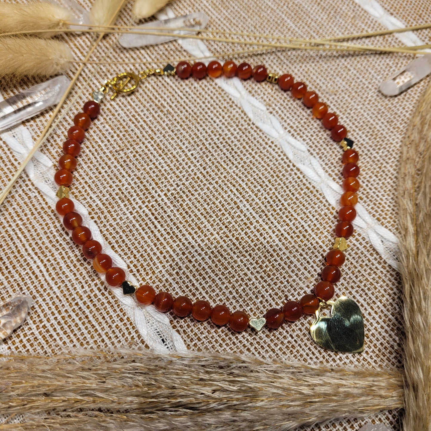 carnelian crystal beaded gold stainless steel heart bead necklace with large heart pendant