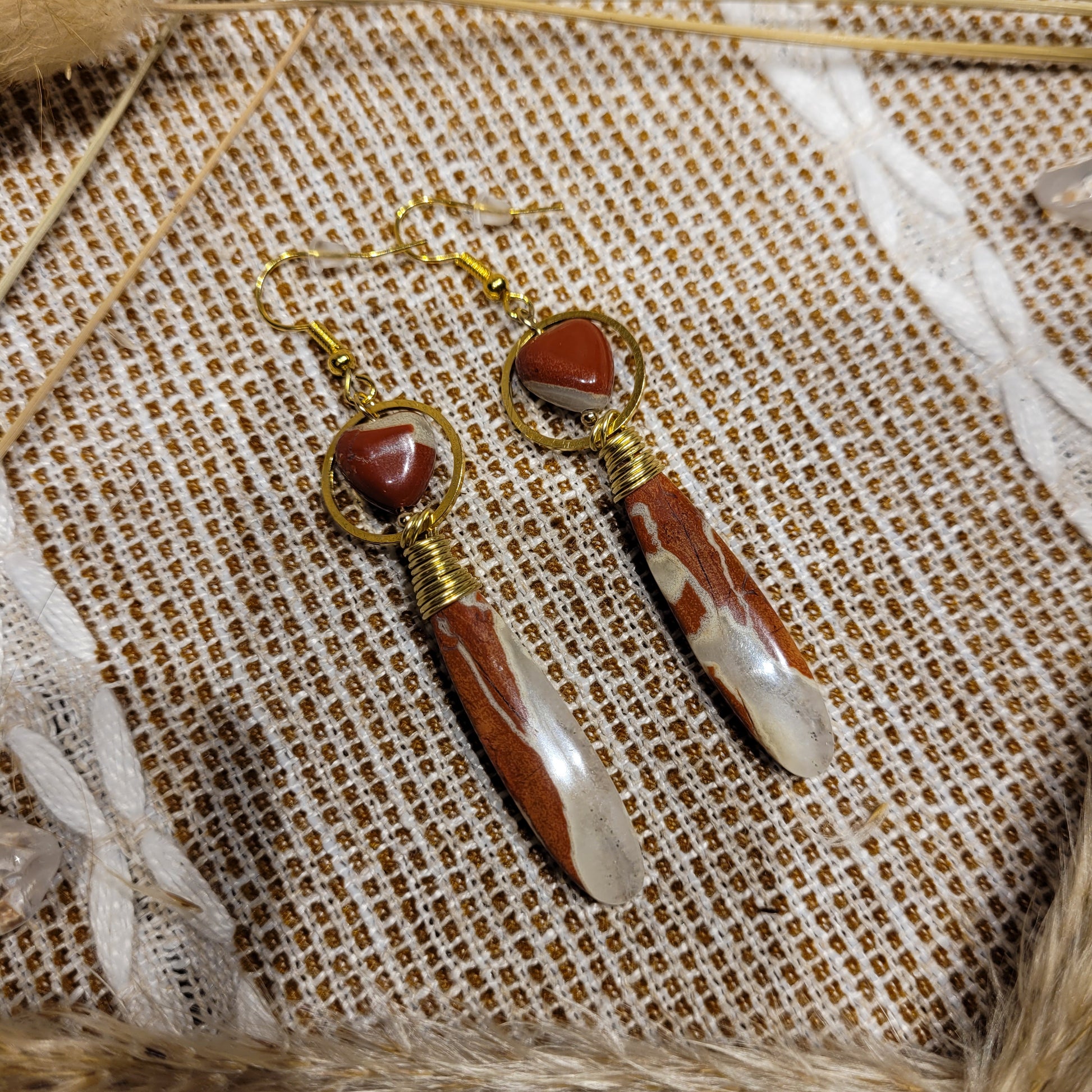 red jasper crystal heart brass earrings