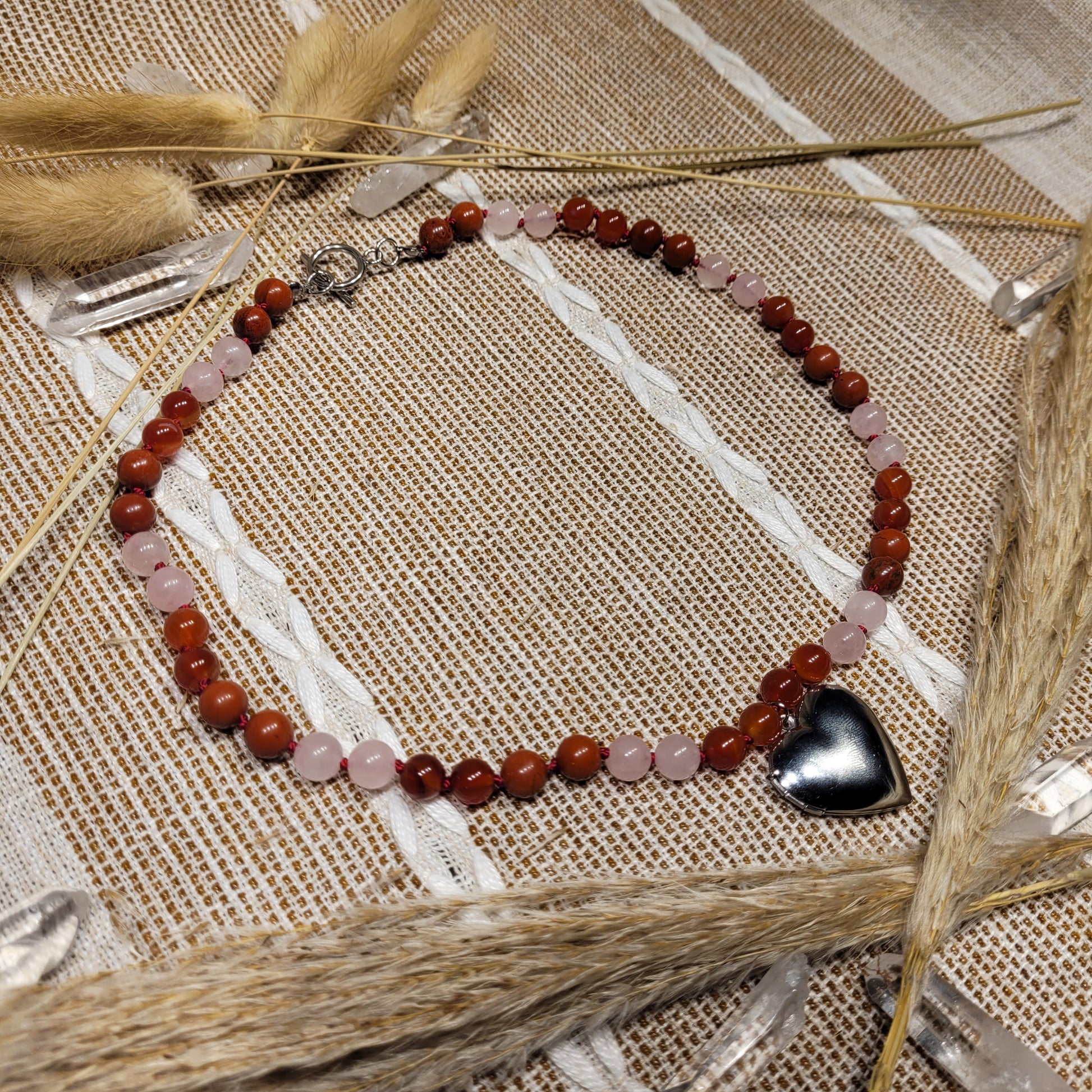 Hand knotted red jasper rose quartz carnelian crystal necklace with heart locket