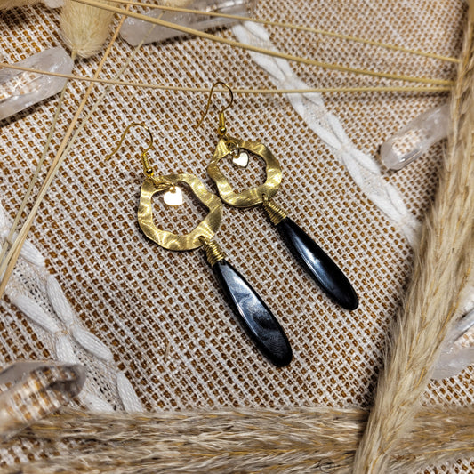 black obsidian crystal heart wavey earrings