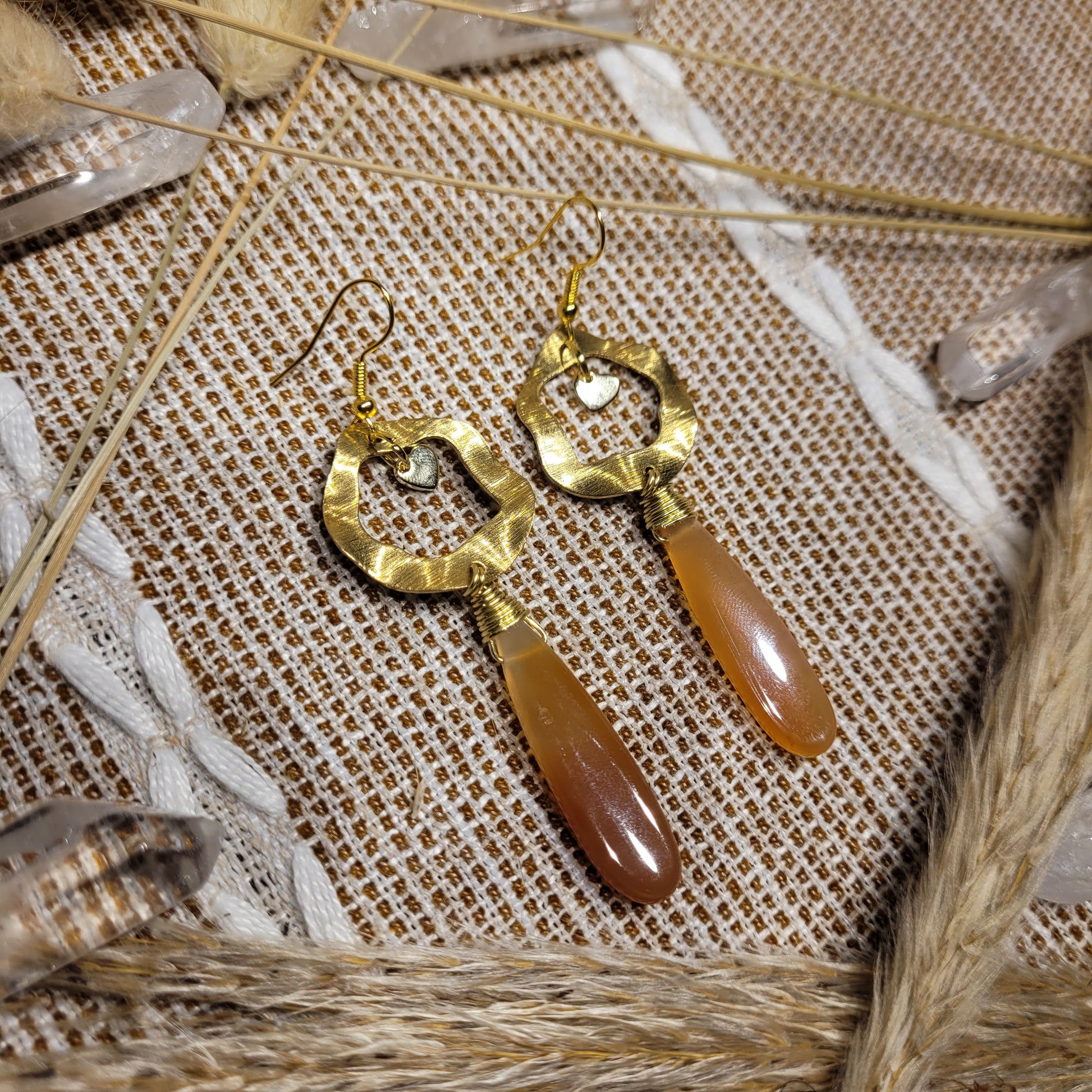 carnelian crystal heart brass wavey earrings