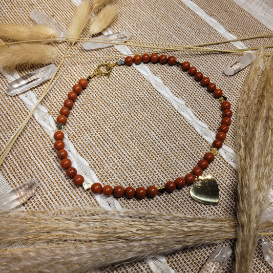 red jasper crystal beaded necklace gold stainless steel heart and large heart pendant