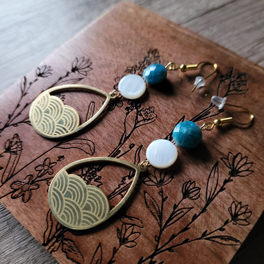 Blue Apatite White Mother of Pearl Earrings