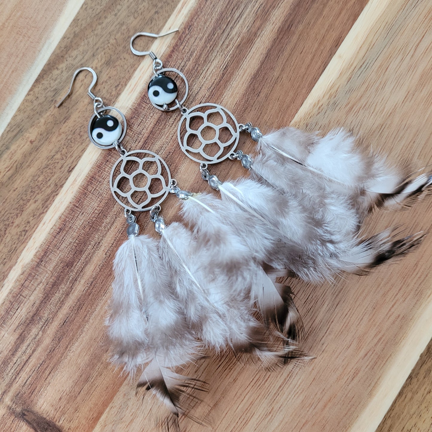 Ying Yang Shell Feather Earrings