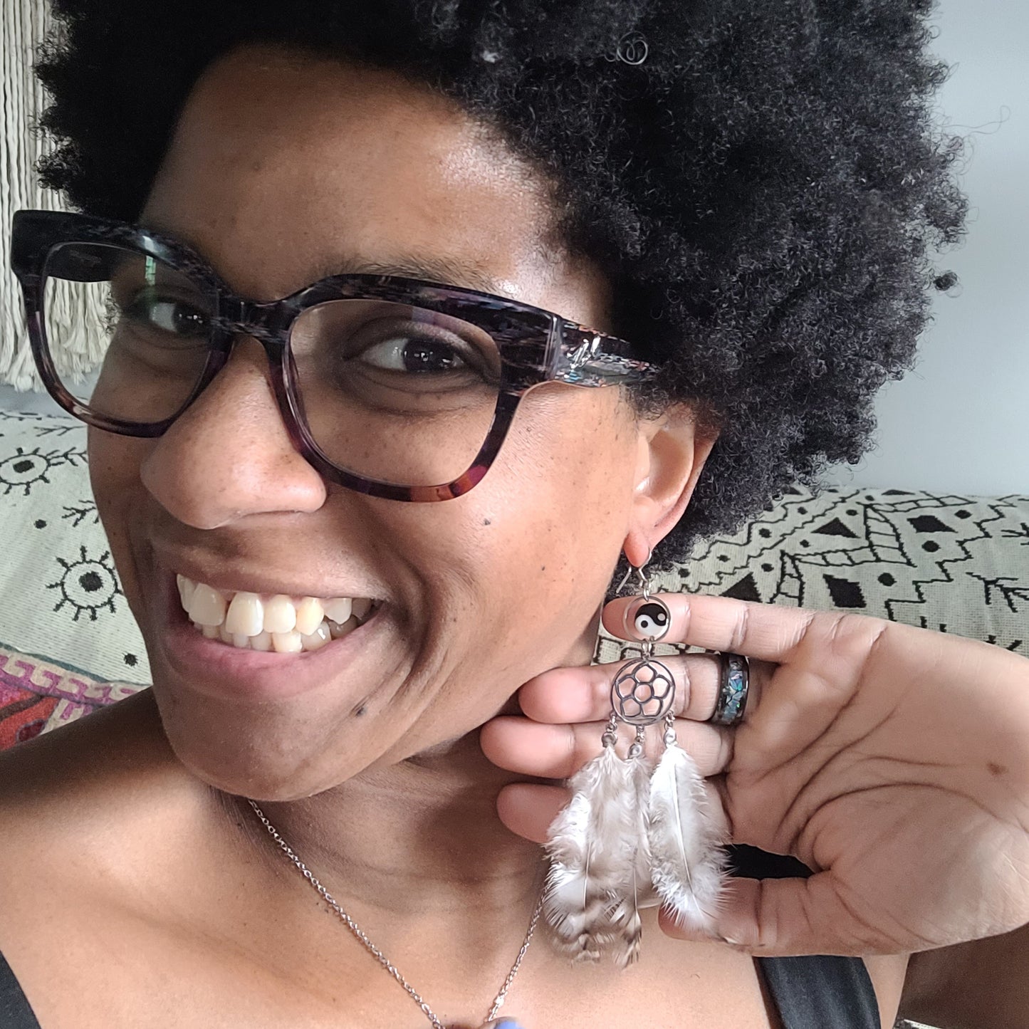 Ying Yang Shell Feather Earrings