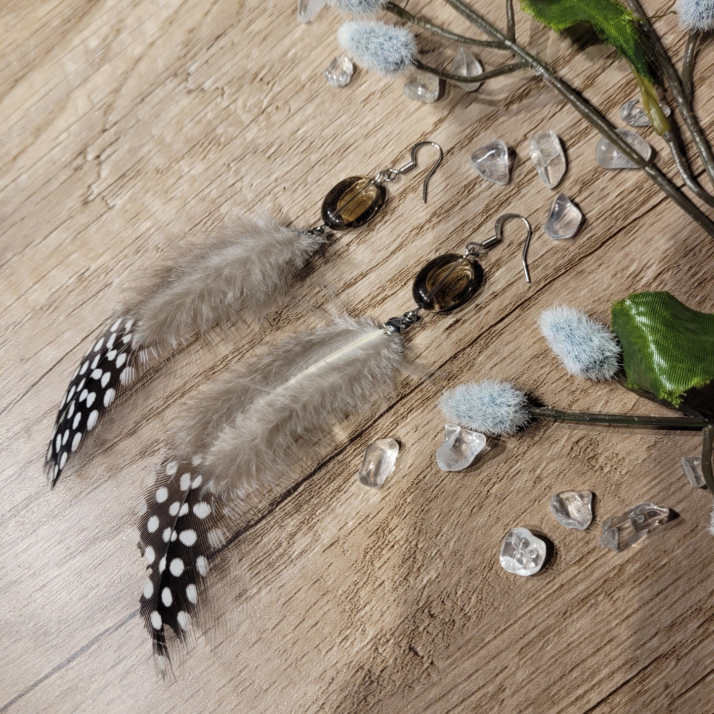 Smoky Quartz Feather Earrings