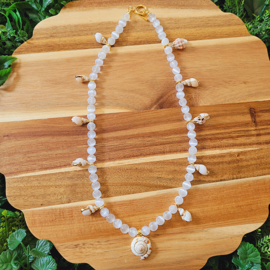 Satin Spar Selenite Shell Necklace