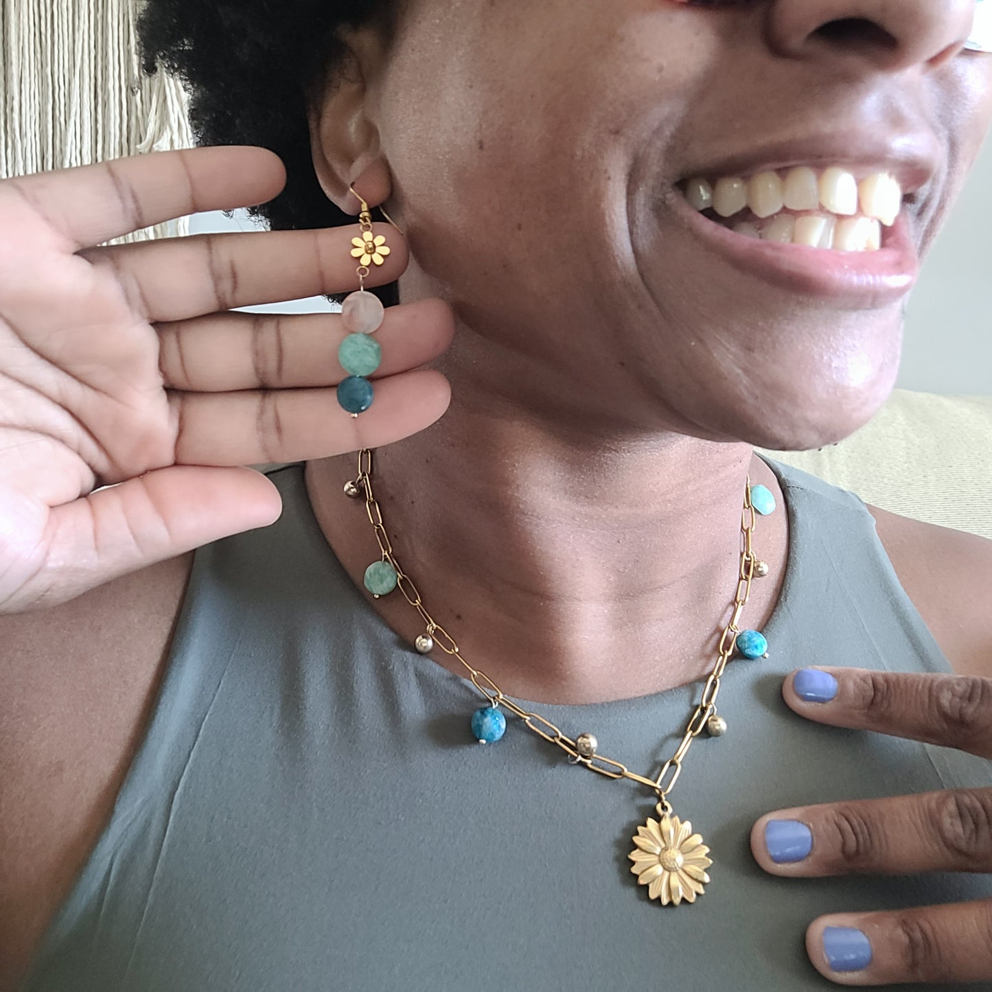 Flower Agate Blue Apatite Amazonite Jewelry Set