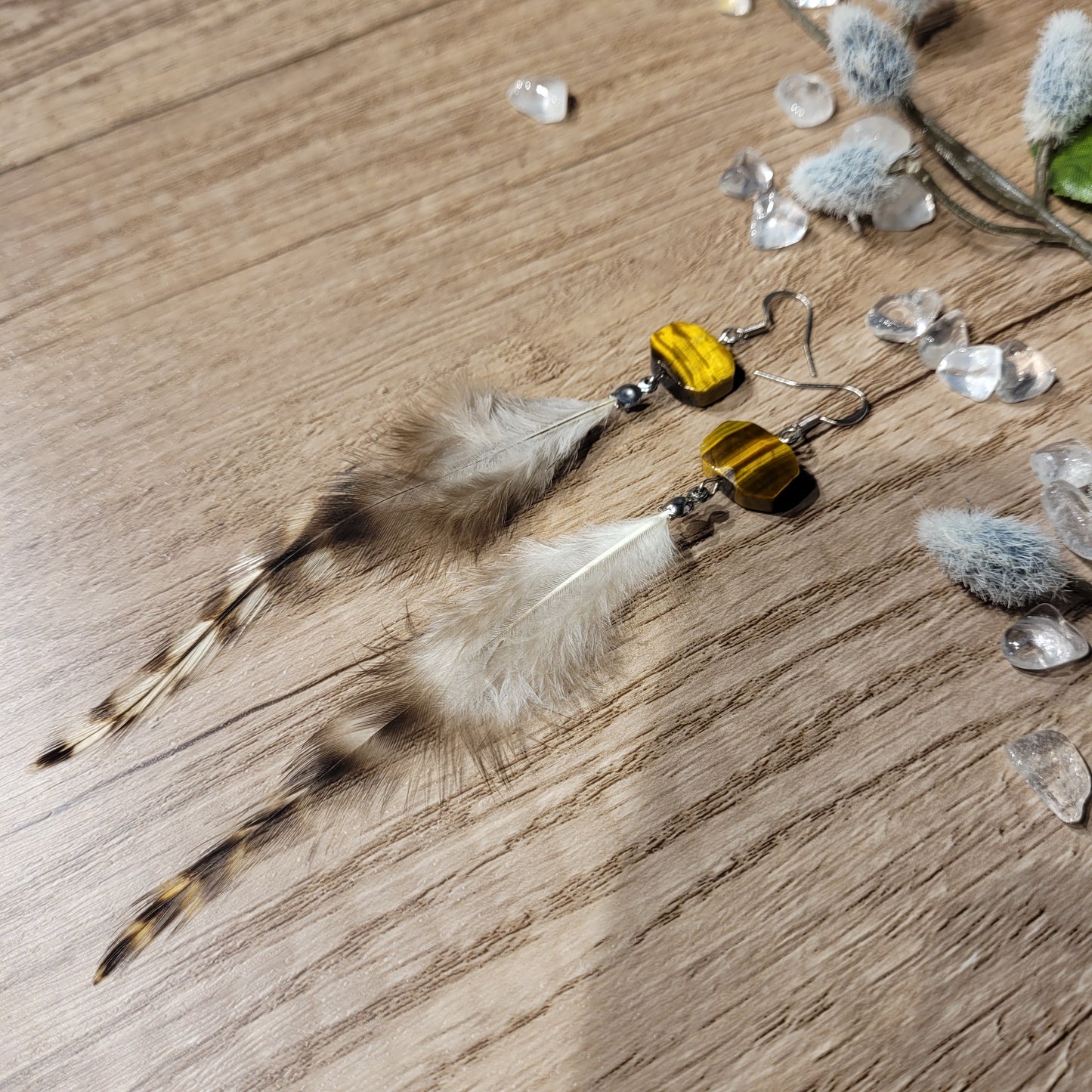 Tigers Eye Feather Earrings