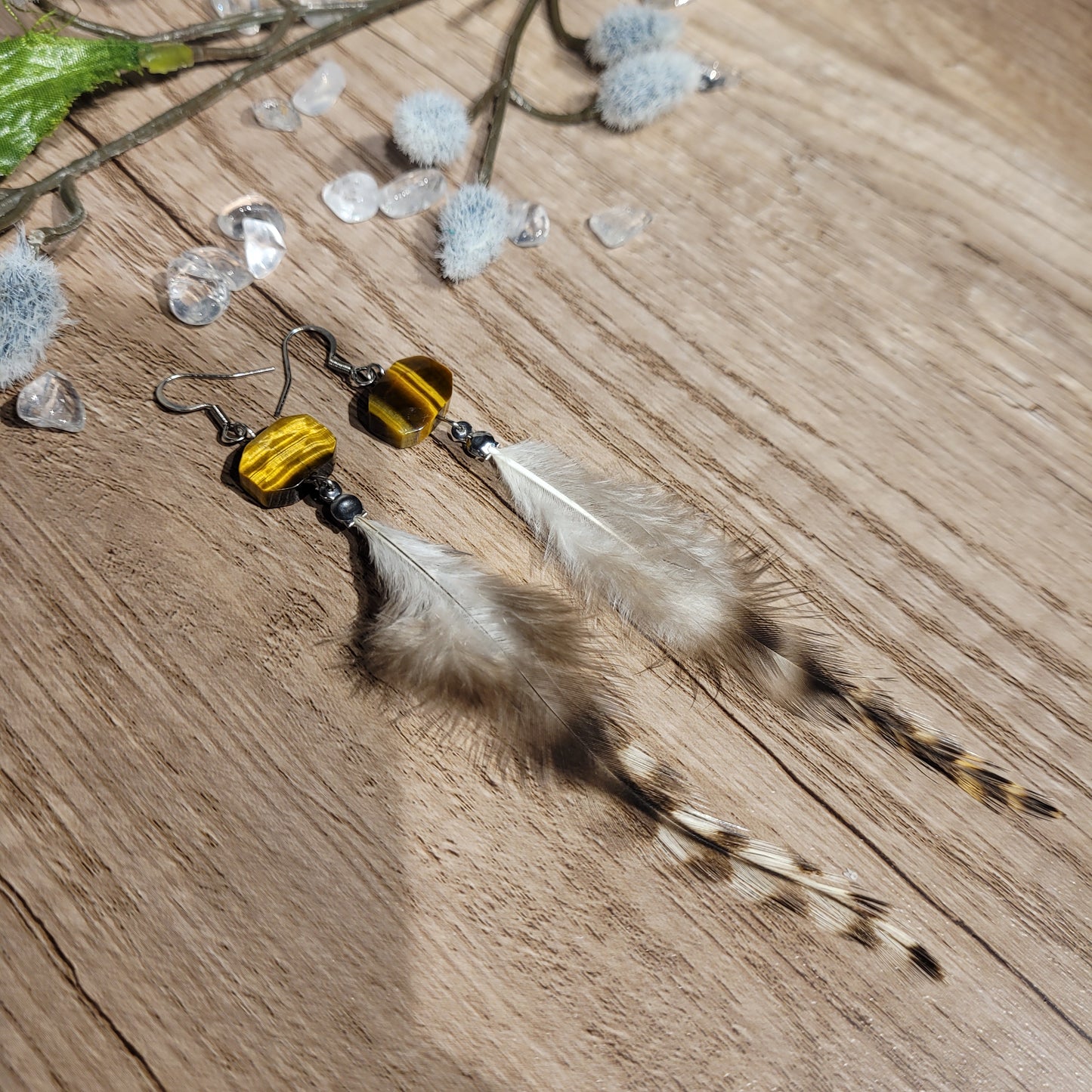 Tigers Eye Feather Earrings