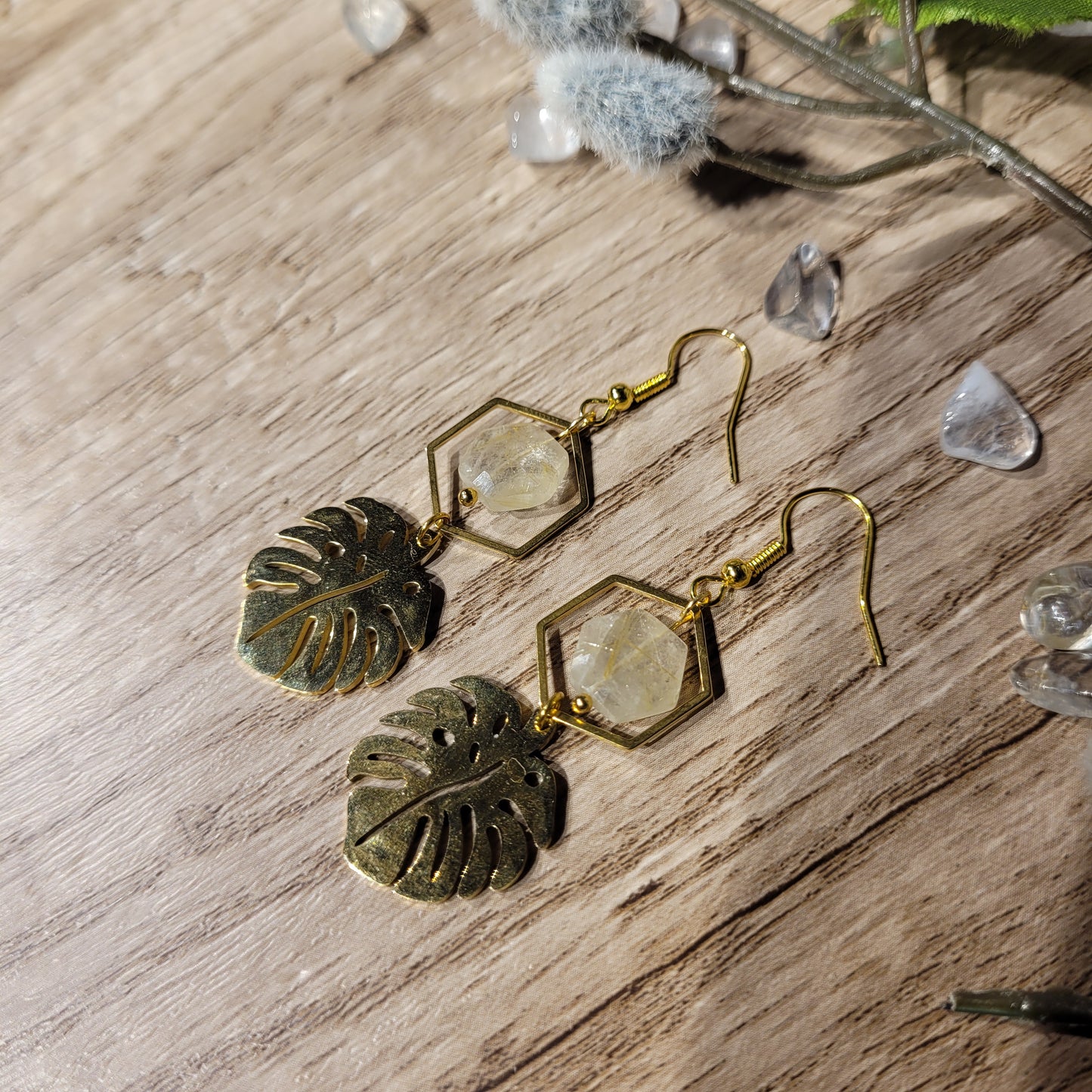 Gold Rutile Quartz Earrings