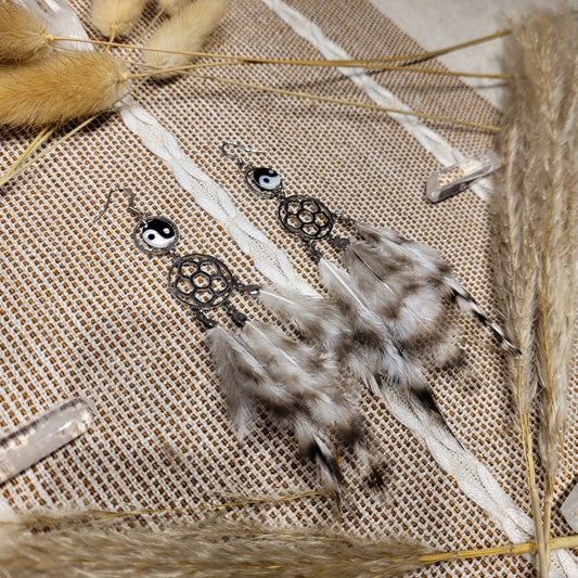 Ying Yang Shell Feather Earrings