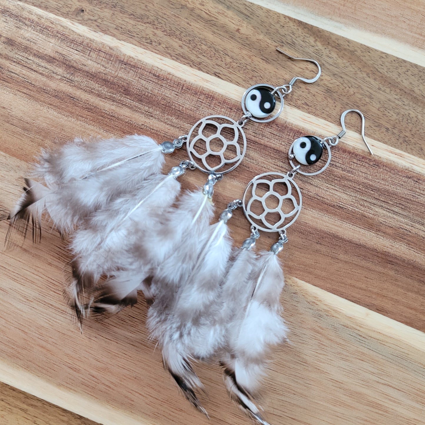Ying Yang Shell Feather Earrings